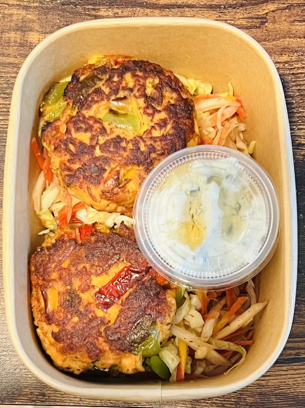 Veggie fritters with fresh slaw and herb yogurt